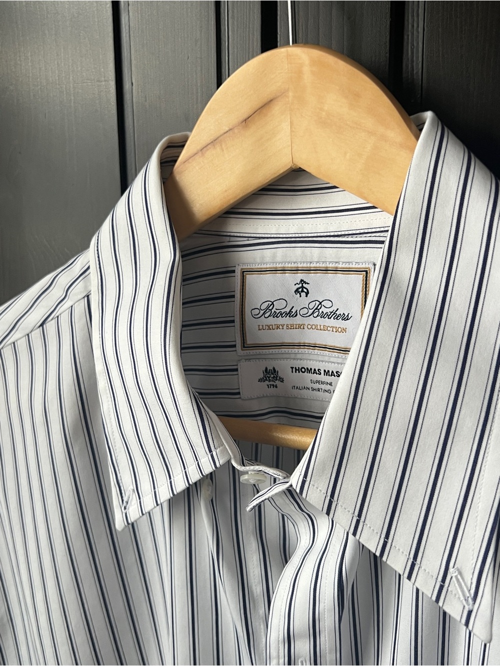 Brooks Brothers Thomas Mason White & Navy Striped Dress Shirt